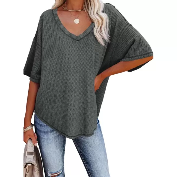 Dokotoo Women's Causual V Neck Short Sleeve Shirts Waffle Knit Loose Tunic Tops Blouses