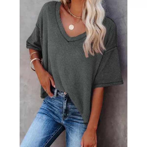 Dokotoo Women's Causual V Neck Short Sleeve Shirts Waffle Knit Loose Tunic Tops Blouses