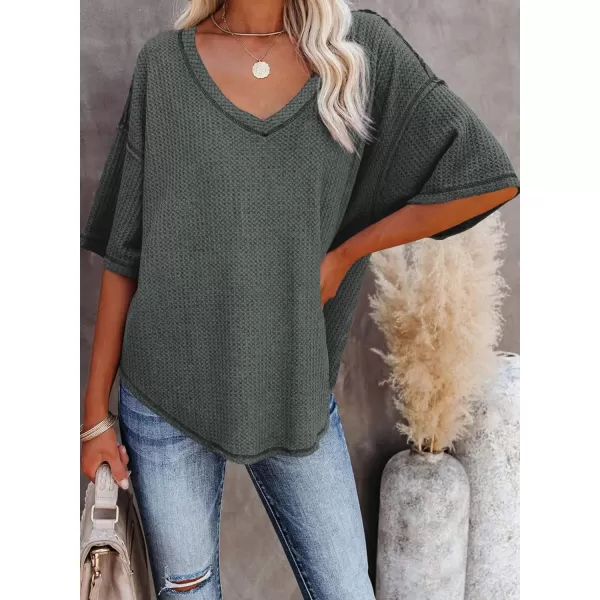 Dokotoo Women's Causual V Neck Short Sleeve Shirts Waffle Knit Loose Tunic Tops Blouses