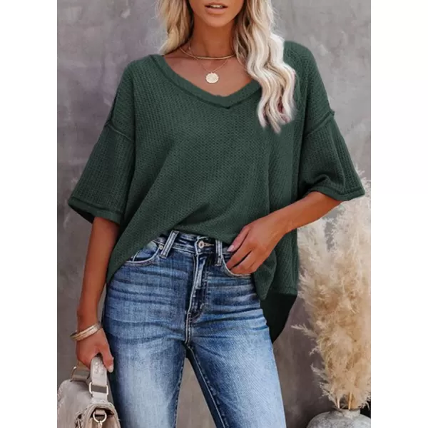 Dokotoo Women's Causual V Neck Short Sleeve Shirts Waffle Knit Loose Tunic Tops Blouses