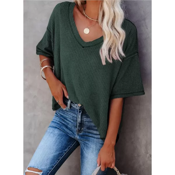Dokotoo Women's Causual V Neck Short Sleeve Shirts Waffle Knit Loose Tunic Tops Blouses