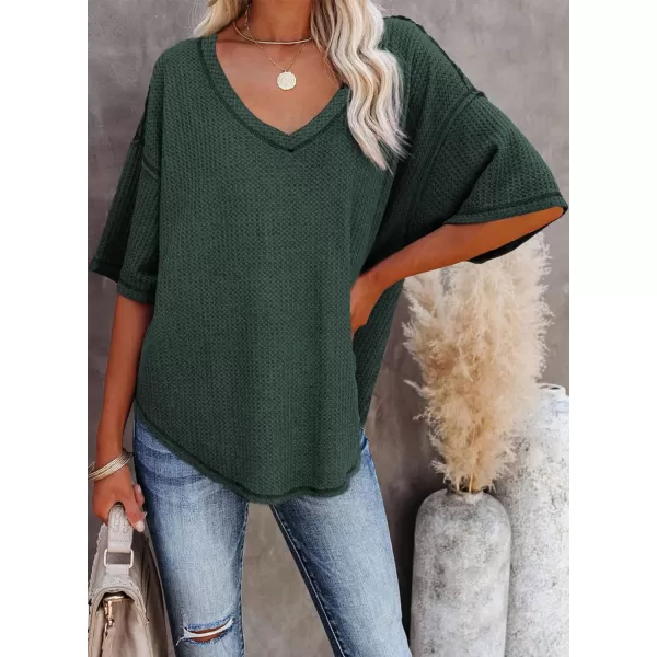 Dokotoo Women's Causual V Neck Short Sleeve Shirts Waffle Knit Loose Tunic Tops Blouses