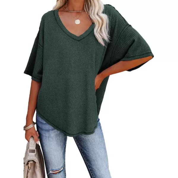 Dokotoo Women's Causual V Neck Short Sleeve Shirts Waffle Knit Loose Tunic Tops Blouses