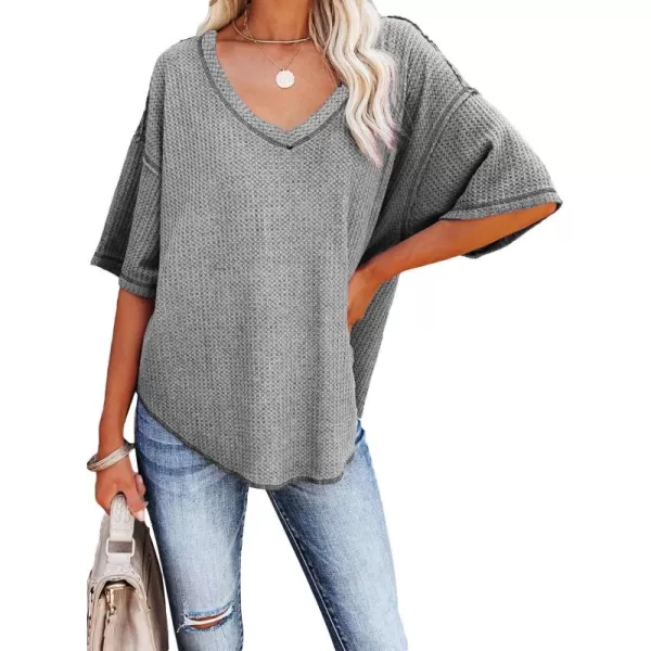 Dokotoo Women's Causual V Neck Short Sleeve Shirts Waffle Knit Loose Tunic Tops Blouses