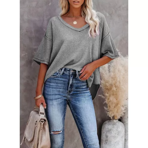 Dokotoo Women's Causual V Neck Short Sleeve Shirts Waffle Knit Loose Tunic Tops Blouses