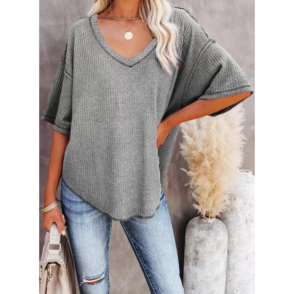 Dokotoo Women's Causual V Neck Short Sleeve Shirts Waffle Knit Loose Tunic Tops Blouses