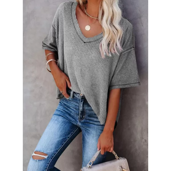 Dokotoo Women's Causual V Neck Short Sleeve Shirts Waffle Knit Loose Tunic Tops Blouses