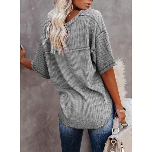 Dokotoo Women's Causual V Neck Short Sleeve Shirts Waffle Knit Loose Tunic Tops Blouses