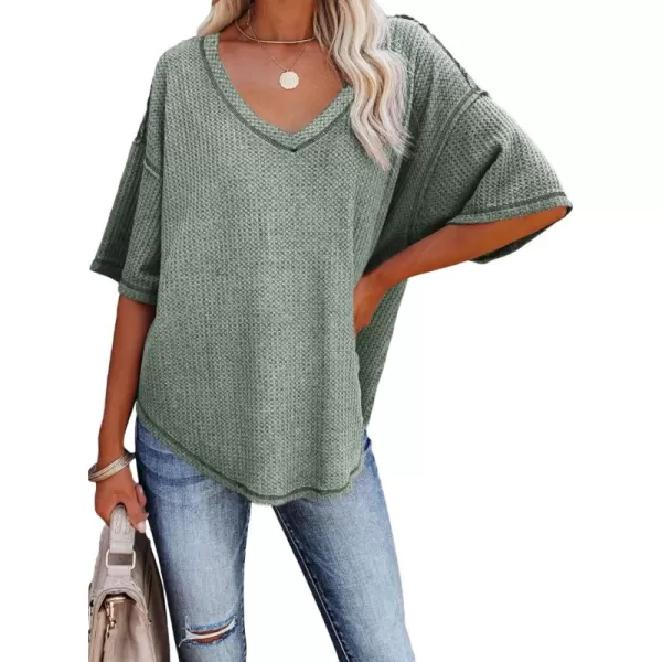 Dokotoo Women's Causual V Neck Short Sleeve Shirts Waffle Knit Loose Tunic Tops Blouses