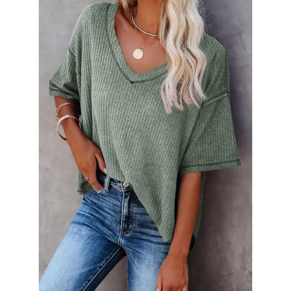 Dokotoo Women's Causual V Neck Short Sleeve Shirts Waffle Knit Loose Tunic Tops Blouses
