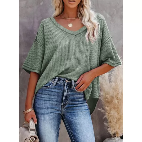 Dokotoo Women's Causual V Neck Short Sleeve Shirts Waffle Knit Loose Tunic Tops Blouses