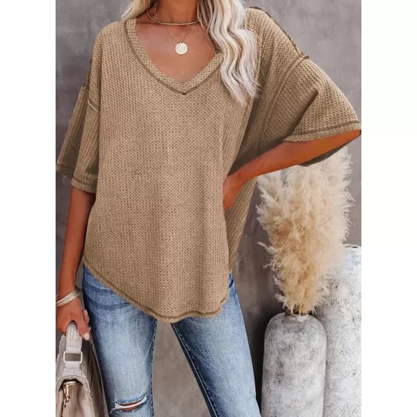 Dokotoo Women's Causual V Neck Short Sleeve Shirts Waffle Knit Loose Tunic Tops Blouses