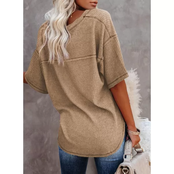 Dokotoo Women's Causual V Neck Short Sleeve Shirts Waffle Knit Loose Tunic Tops Blouses