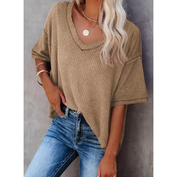 Dokotoo Women's Causual V Neck Short Sleeve Shirts Waffle Knit Loose Tunic Tops Blouses