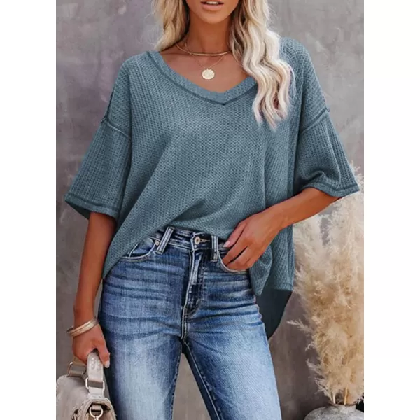 Dokotoo Women's Causual V Neck Short Sleeve Shirts Waffle Knit Loose Tunic Tops Blouses