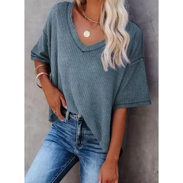 Dokotoo Women's Causual V Neck Short Sleeve Shirts Waffle Knit Loose Tunic Tops Blouses