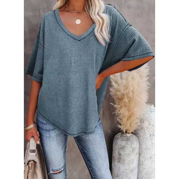 Dokotoo Women's Causual V Neck Short Sleeve Shirts Waffle Knit Loose Tunic Tops Blouses