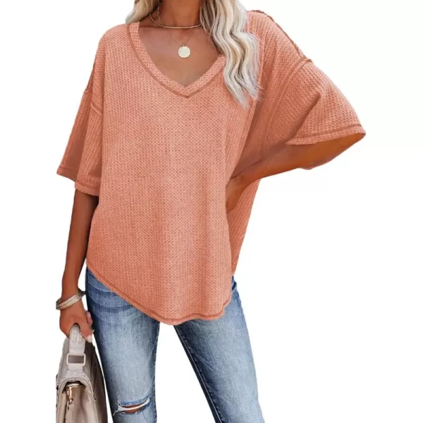 Dokotoo Women's Causual V Neck Short Sleeve Shirts Waffle Knit Loose Tunic Tops Blouses