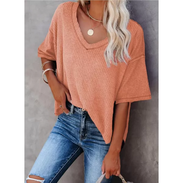 Dokotoo Women's Causual V Neck Short Sleeve Shirts Waffle Knit Loose Tunic Tops Blouses