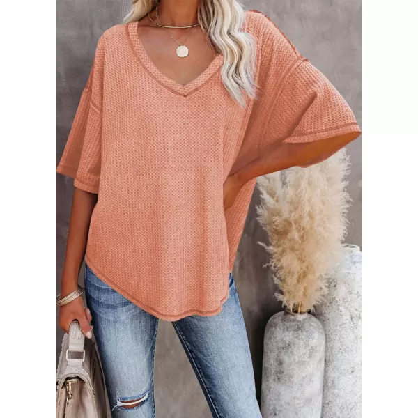 Dokotoo Women's Causual V Neck Short Sleeve Shirts Waffle Knit Loose Tunic Tops Blouses