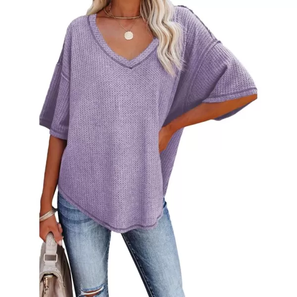 Dokotoo Women's Causual V Neck Short Sleeve Shirts Waffle Knit Loose Tunic Tops Blouses