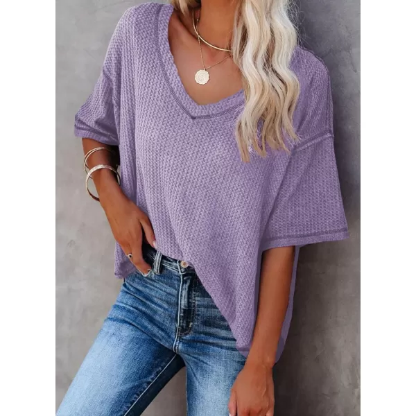 Dokotoo Women's Causual V Neck Short Sleeve Shirts Waffle Knit Loose Tunic Tops Blouses