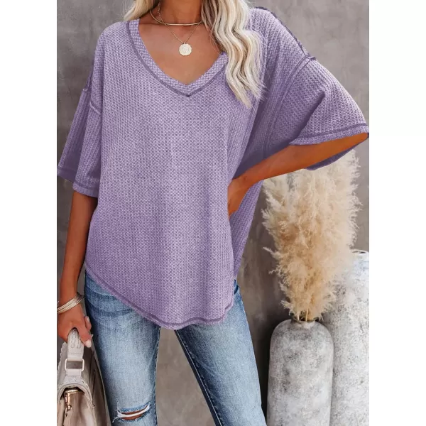 Dokotoo Women's Causual V Neck Short Sleeve Shirts Waffle Knit Loose Tunic Tops Blouses