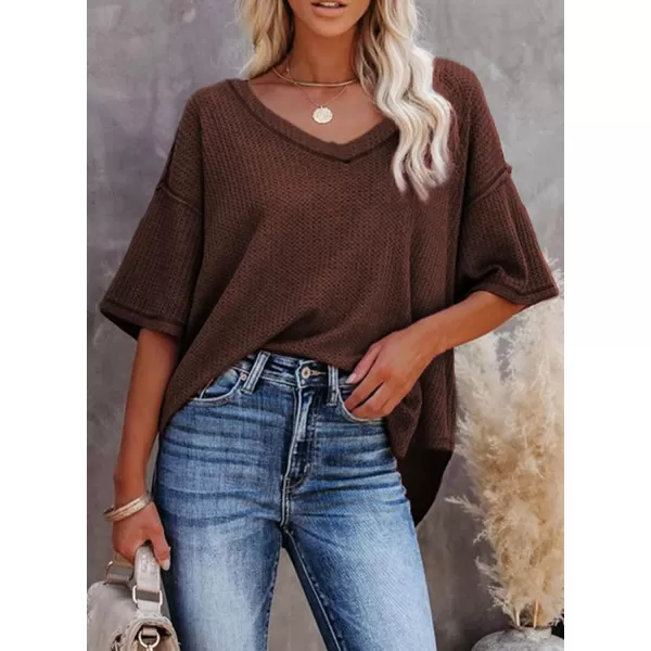 Dokotoo Women's Causual V Neck Short Sleeve Shirts Waffle Knit Loose Tunic Tops Blouses