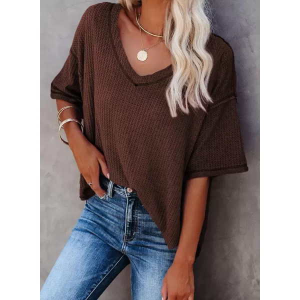 Dokotoo Women's Causual V Neck Short Sleeve Shirts Waffle Knit Loose Tunic Tops Blouses