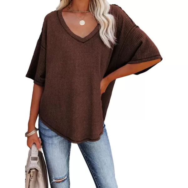Dokotoo Women's Causual V Neck Short Sleeve Shirts Waffle Knit Loose Tunic Tops Blouses