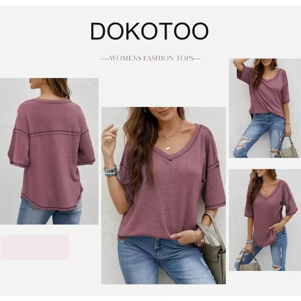 Dokotoo Women's Causual V Neck Short Sleeve Shirts Waffle Knit Loose Tunic Tops Blouses