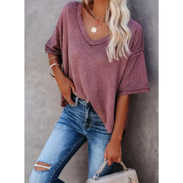 Dokotoo Women's Causual V Neck Short Sleeve Shirts Waffle Knit Loose Tunic Tops Blouses