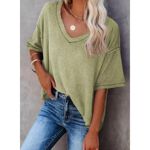 Dokotoo Women's Causual V Neck Short Sleeve Shirts Waffle Knit Loose Tunic Tops Blouses