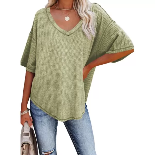 Dokotoo Women's Causual V Neck Short Sleeve Shirts Waffle Knit Loose Tunic Tops Blouses