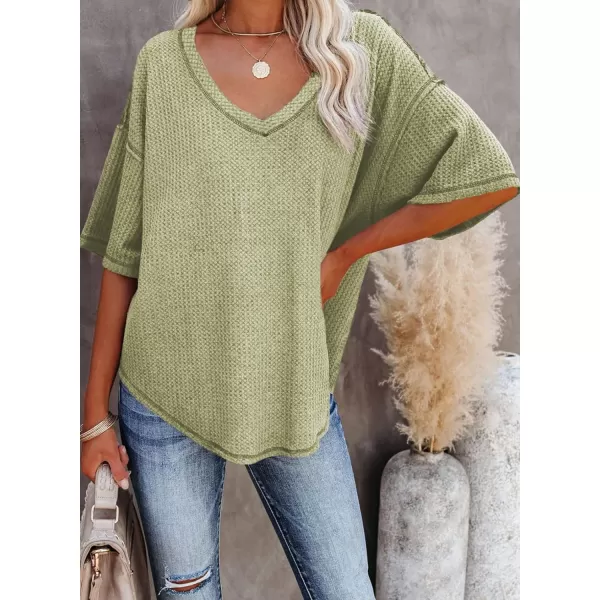 Dokotoo Women's Causual V Neck Short Sleeve Shirts Waffle Knit Loose Tunic Tops Blouses