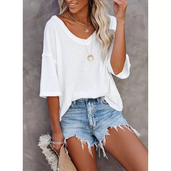 Dokotoo Women's Causual V Neck Short Sleeve Shirts Waffle Knit Loose Tunic Tops Blouses