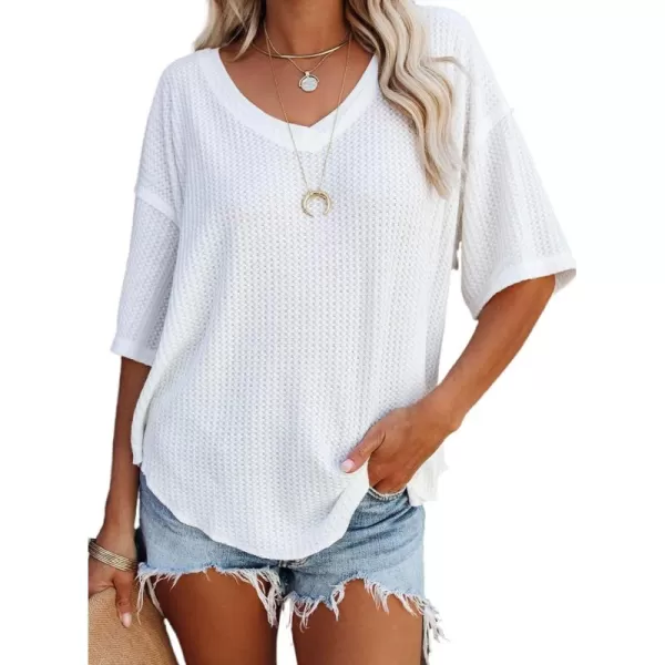 Dokotoo Women's Causual V Neck Short Sleeve Shirts Waffle Knit Loose Tunic Tops Blouses