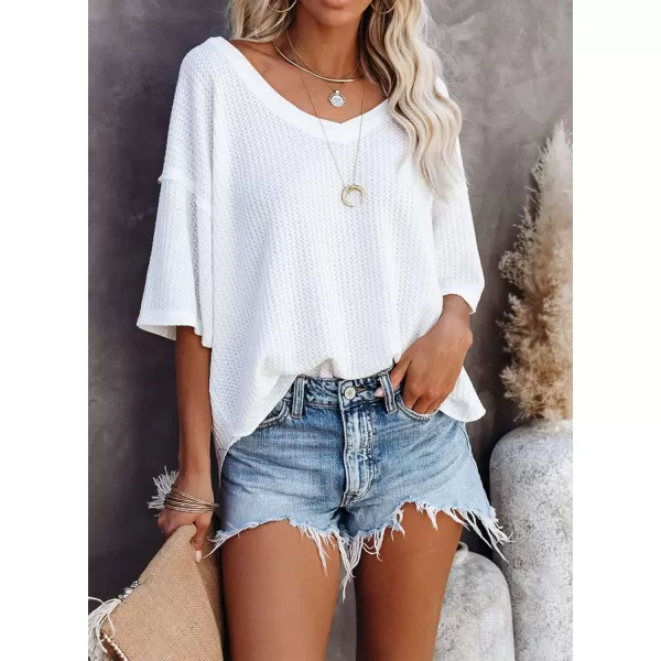 Dokotoo Women's Causual V Neck Short Sleeve Shirts Waffle Knit Loose Tunic Tops Blouses