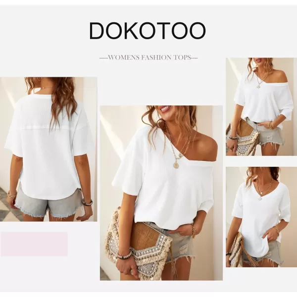 Dokotoo Women's Causual V Neck Short Sleeve Shirts Waffle Knit Loose Tunic Tops Blouses