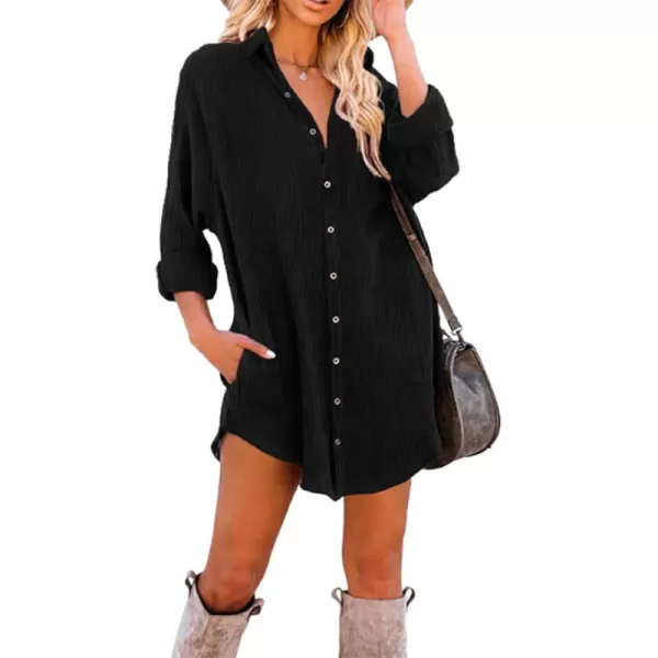 Dokotoo Women's Corduroy Long Sleeve Button Down Shirts Tunic Dresses with Pockets