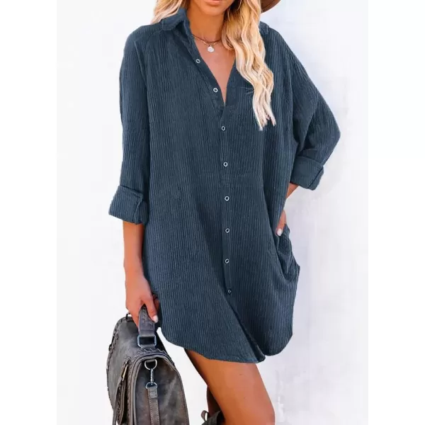 Dokotoo Women's Corduroy Long Sleeve Button Down Shirts Tunic Dresses with Pockets