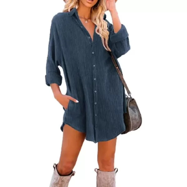 Dokotoo Women's Corduroy Long Sleeve Button Down Shirts Tunic Dresses with Pockets