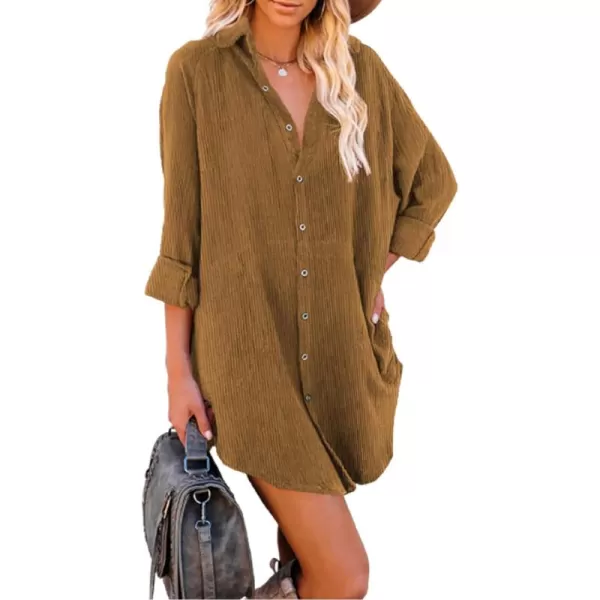 Dokotoo Women's Corduroy Long Sleeve Button Down Shirts Tunic Dresses with Pockets