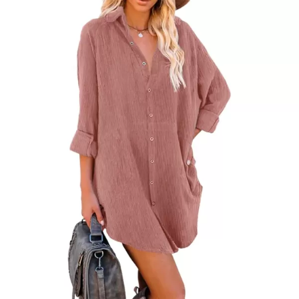 Dokotoo Women's Corduroy Long Sleeve Button Down Shirts Tunic Dresses with Pockets