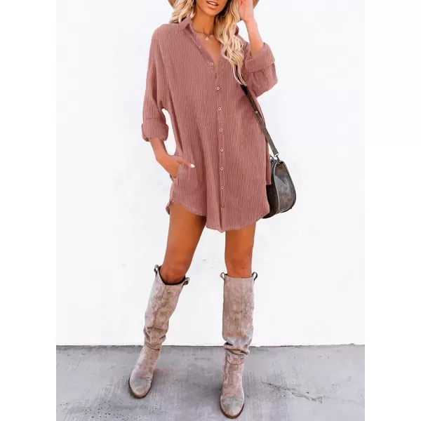 Dokotoo Women's Corduroy Long Sleeve Button Down Shirts Tunic Dresses with Pockets