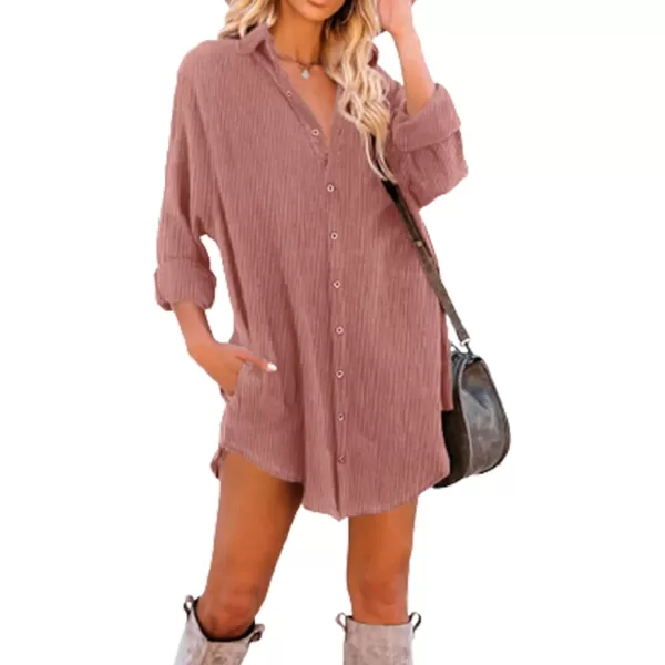 Dokotoo Women's Corduroy Long Sleeve Button Down Shirts Tunic Dresses with Pockets