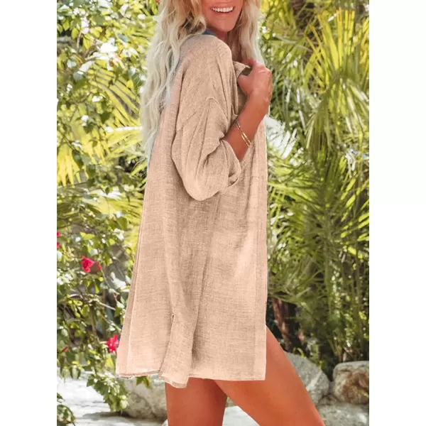 Dokotoo Womens Cotton Button Down Long Sleeve Shirts Bathing Suit Cover Ups Summer Cardigans with Pockets
