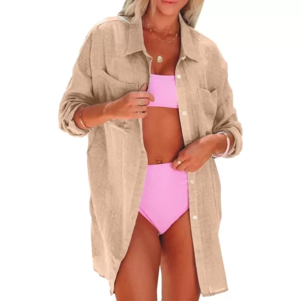 Dokotoo Womens Cotton Button Down Long Sleeve Shirts Bathing Suit Cover Ups Summer Cardigans with Pockets