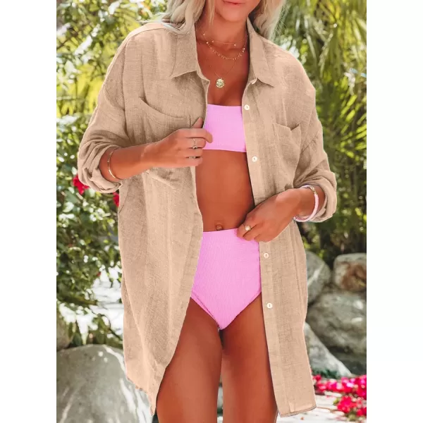 Dokotoo Womens Cotton Button Down Long Sleeve Shirts Bathing Suit Cover Ups Summer Cardigans with Pockets
