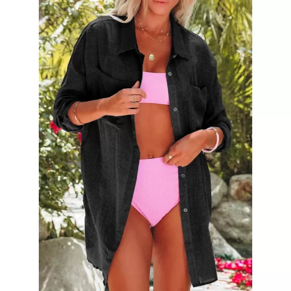 Dokotoo Womens Cotton Button Down Long Sleeve Shirts Bathing Suit Cover Ups Summer Cardigans with Pockets